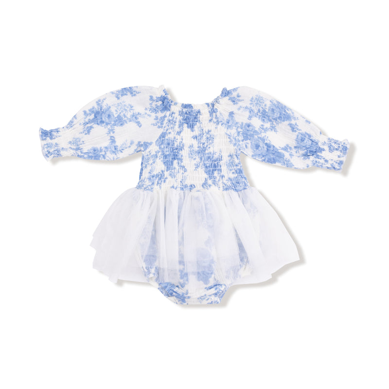 Dream Cottage Floral Blue
Long Sleeve Smocked Bubble with Tutu.