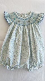 Luli & Me Baby Girls Blue Floral Smocked Bubble Pink &Blue