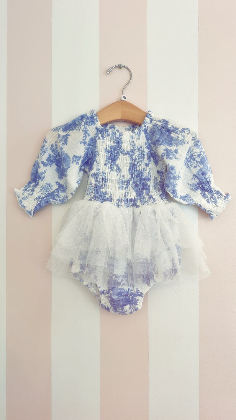 Dream Cottage Floral Blue
Long Sleeve Smocked Bubble with Tutu.