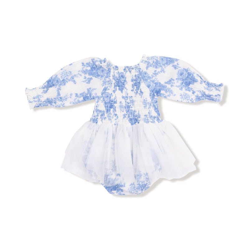 Dream Cottage Floral Blue
Long Sleeve Smocked Bubble with Tutu.