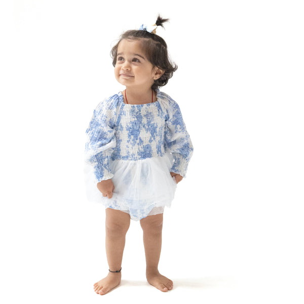 Dream Cottage Floral Blue
Long Sleeve Smocked Bubble with Tutu.