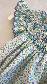 Luli & Me Girls Blue Floral Smocked Bishop Dress