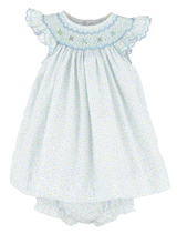 Luli & Me Girls Blue Floral Smocked Bishop Dress